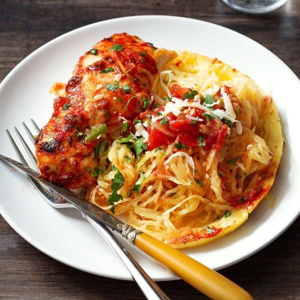 Spaghetti with grilled chicken breast
