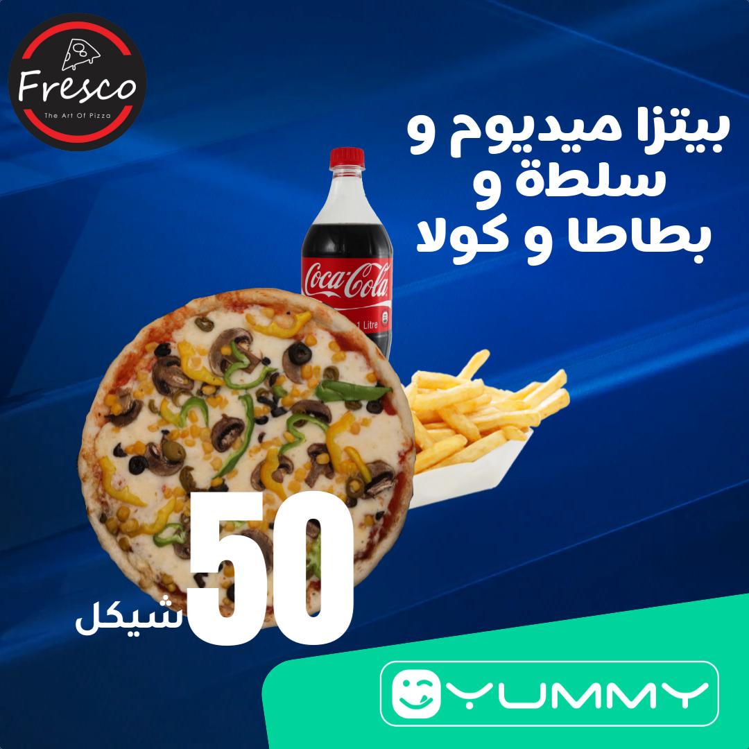 Medium pizza, salad, fries and cola for 50