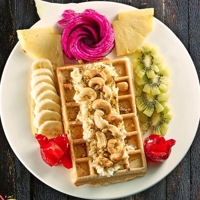 Waffle with fruit and nuts