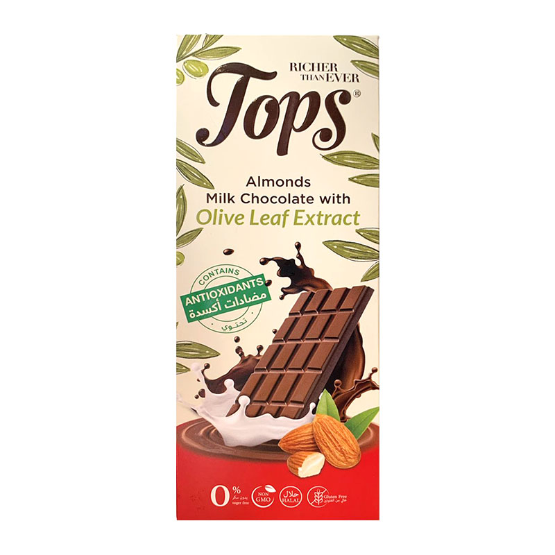 Tops شوكولاتة حليب باللوز مع مضادات الأكسدة بدون سكر 50غ