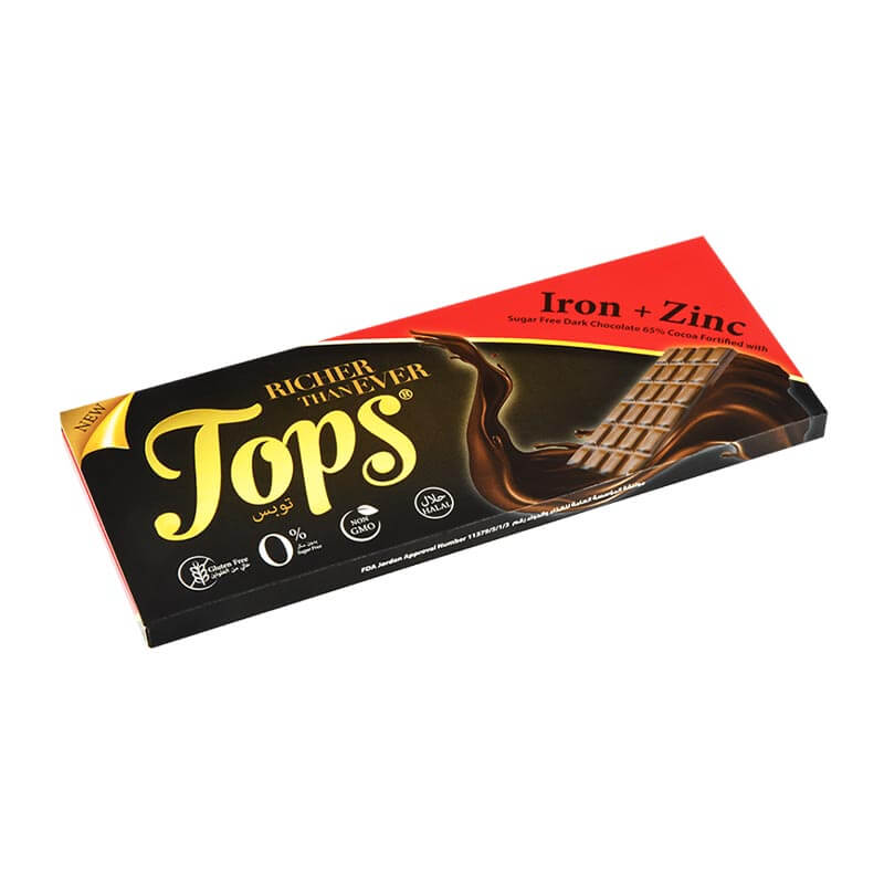 Tops شوكولاتة داكنة 65% بدون سكر مدعم بالحديد والزنك 60غ