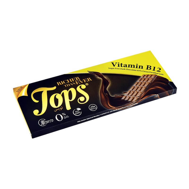 Tops شوكولاتة داكنة 65% بدون سكر مدعم بفيتامين ب12 60غ