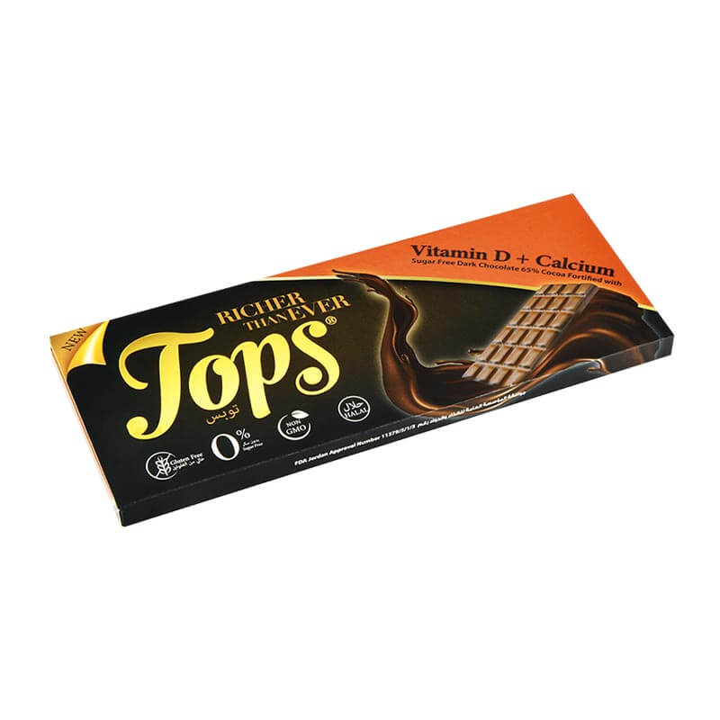 Tops شوكولاتة داكنة 65% بدون سكر مدعم بفيتامين د والكالسيوم 60غ